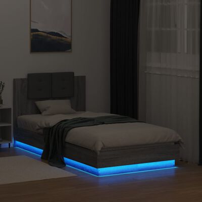 vidaXL Cadru de pat cu tăblie și lumini LED, gri sonoma, 75x190 cm