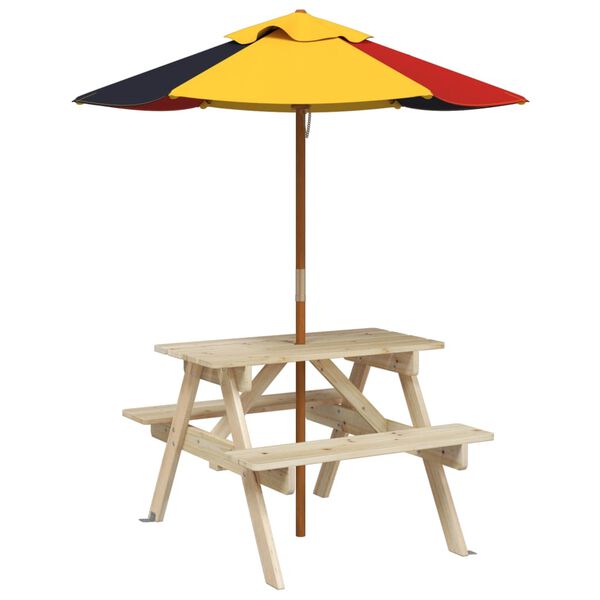 vidaXL Masă de picnic pentru 4 copii, cu umbrelă, lemn masiv brad