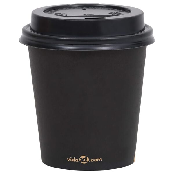 vidaXL Pahare de cafea de h&acirc;rtie cu capace, 250 buc., negru, 200 ml