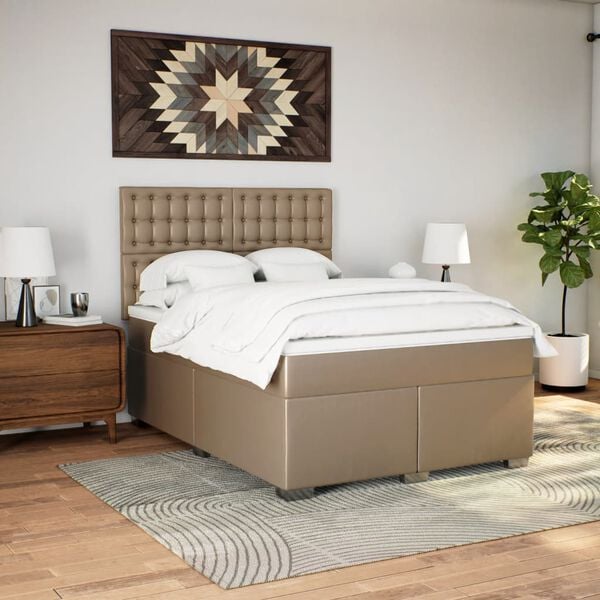 vidaXL Pat box spring cu saltea, cappuccino, 160x200cm piele ecologică