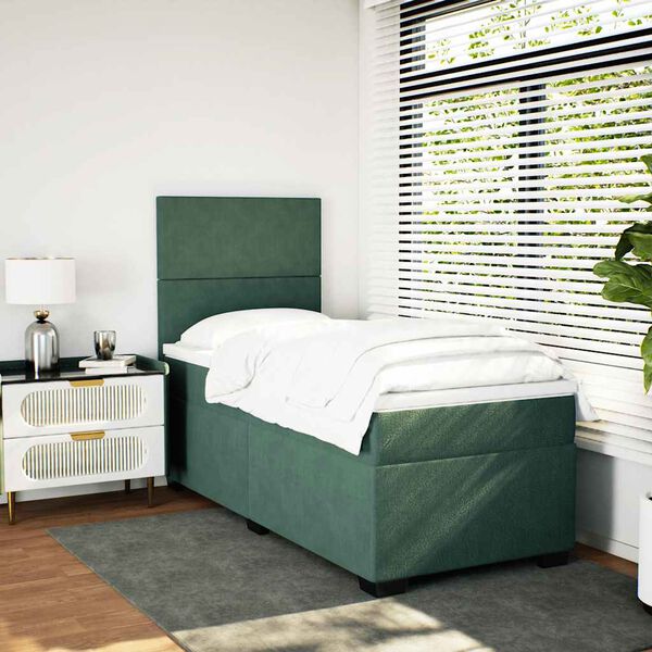 vidaXL Pat box spring cu saltea, verde &icirc;nchis, 90x190 cm, catifea