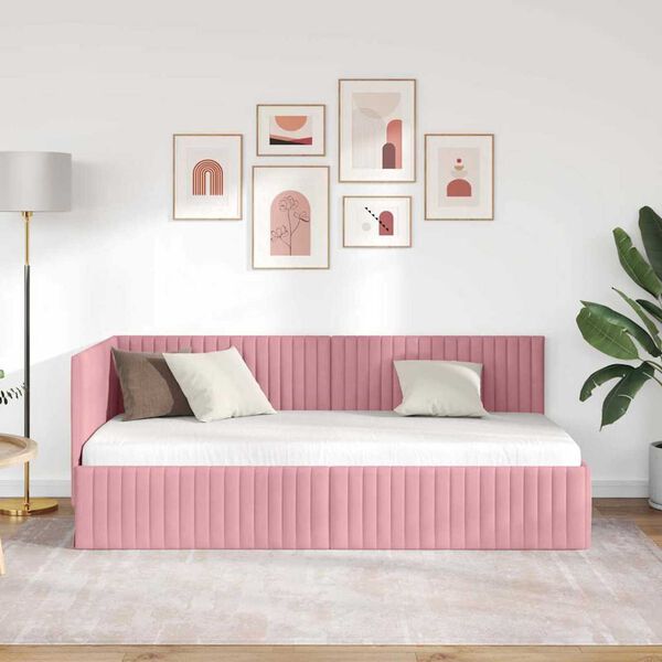 vidaXL Cadru de pat colțar cu headboard Roz 90 cm x 200 cm Catifea