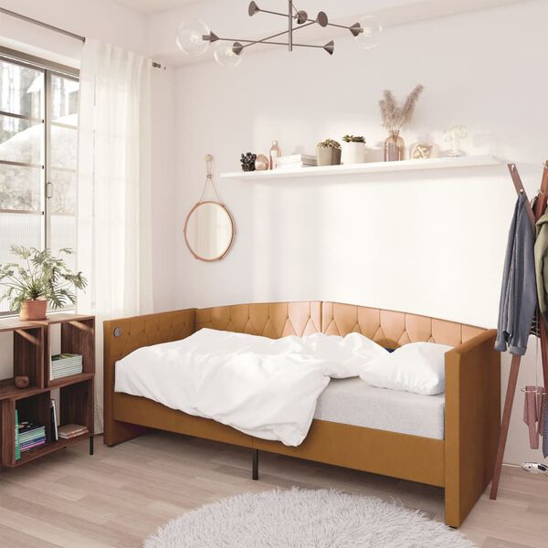 vidaXL Pat de zi cu saltea & USB, maro, 90x200 cm, catifea
