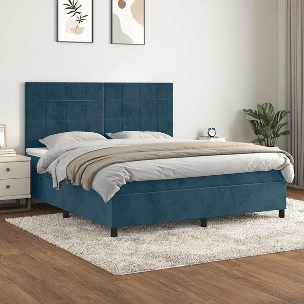 vidaXL Pat box spring cu saltea, albastru &icirc;nchis, 180x200 cm, catifea