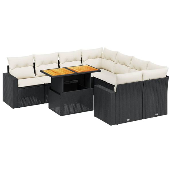 vidaXL Set mobilier de grădină cu perne, 9 piese, negru, poliratan