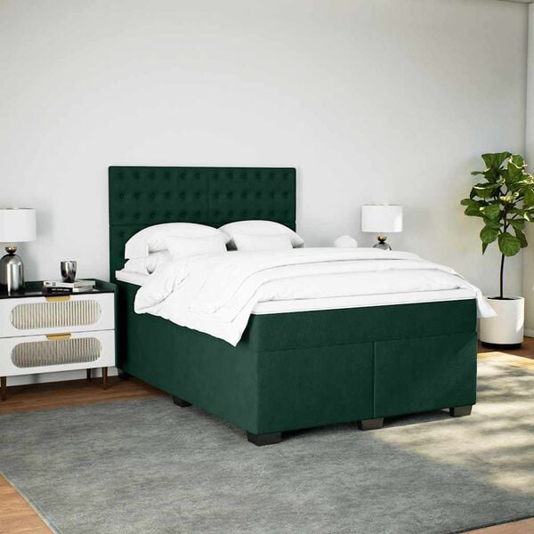 vidaXL Pat box spring cu saltea, verde &icirc;nchis, 140x200 cm, catifea