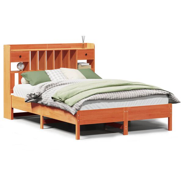 vidaXL Pat cu bibliotecă fără saltea maro 140x200 cm lemn masiv de pin