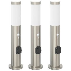 vidaXL St&acirc;lpi iluminatori cu senzor și priză, 3 buc., 50 cm, oțel inoxidabil, IP44