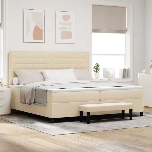 vidaXL Pat cu arcuri cu saltea cu headboard Crem 200 x 200 cm țesătură