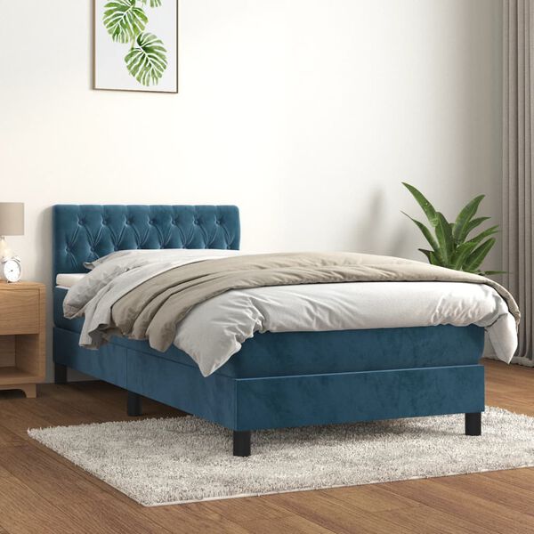 vidaXL Pat box spring cu saltea, albastru &icirc;nchis, 90x190 cm, catifea