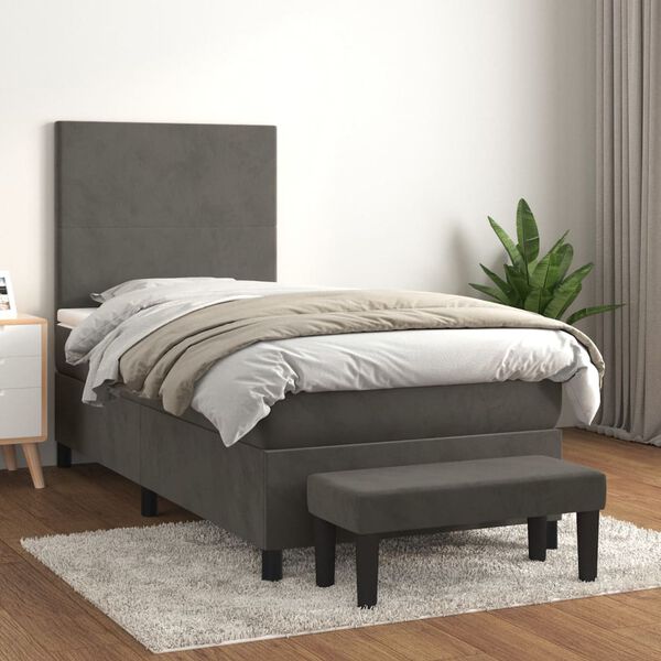 vidaXL Pat box spring cu saltea, gri &icirc;nchis, 90x190 cm, catifea