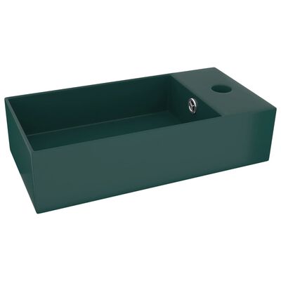 vidaXL Chiuvetă de baie cu preaplin, verde închis, ceramică