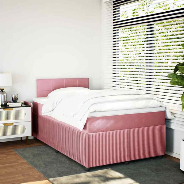 vidaXL Pat box spring cu saltea, roz, 120x200 cm, catifea