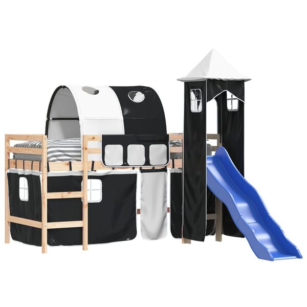 vidaXL Pat etajat de copii cu turn alb/negru 90x200 cm lemn masiv pin