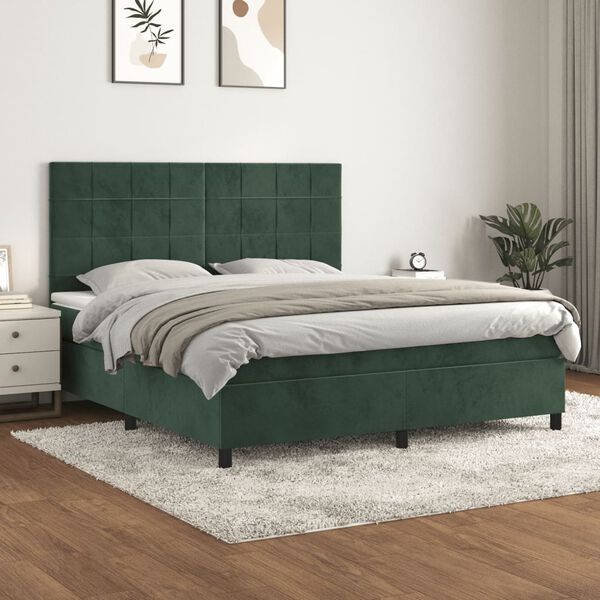 vidaXL Pat box spring cu saltea, verde &icirc;nchis, 160x200 cm, catifea