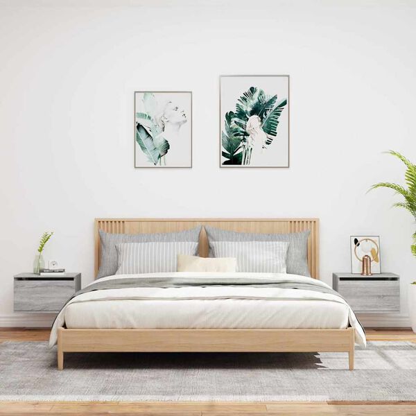 vidaXL Noptiere montate pe perete cu lumini LED, 2 buc., sonoma gri