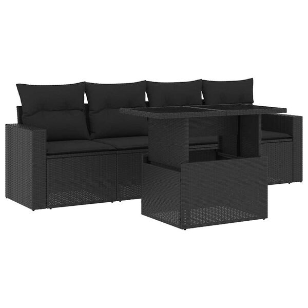 vidaXL Set mobilier de grădină cu perne, 5 piese, negru, poliratan