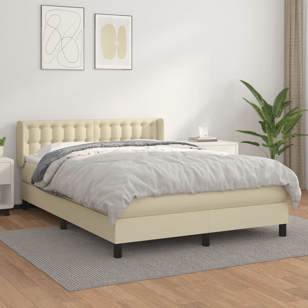 vidaXL Pat box spring cu saltea, crem, 140x200 cm, piele ecologică