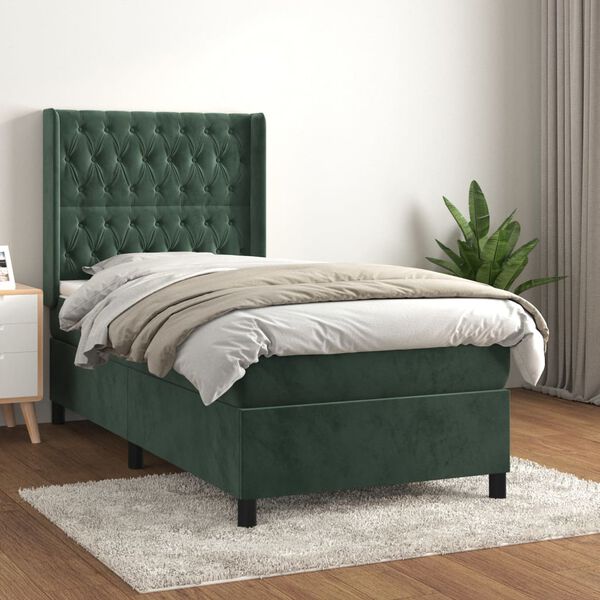 vidaXL Pat box spring cu saltea, verde &icirc;nchis, 90x200 cm, catifea