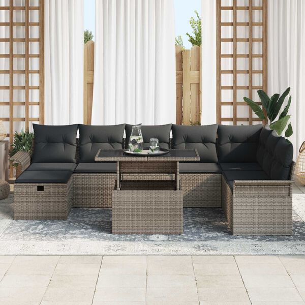 vidaXL Set de canapele pentru grădină cu pernă 9 pcs Gri Rattan poli