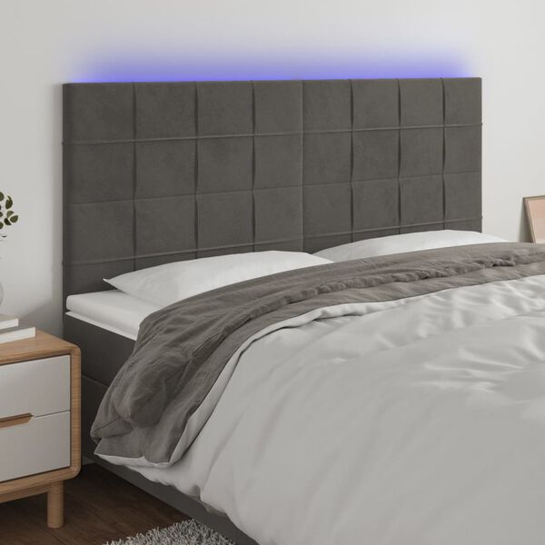 vidaXL Tăblie de pat cu LED, gri &icirc;nchis, 180x5x118/128 cm, catifea