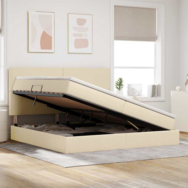 vidaXL Pat cu saltea și LED cu saltea Creme 200 x 200 cm Poliester