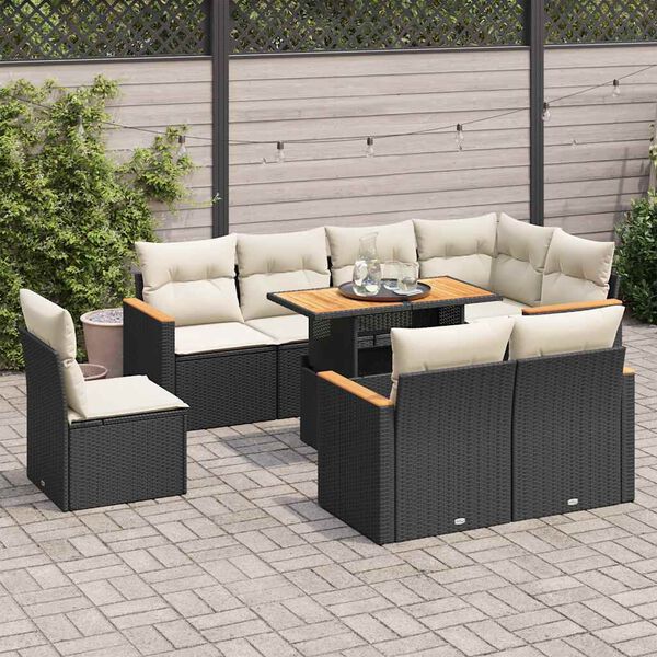 vidaXL Set mobilier grădină perne 9 piese negru poliratan/lemn acacia