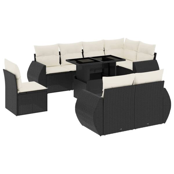 vidaXL Set mobilier de grădină cu perne, 9 piese, negru, poliratan