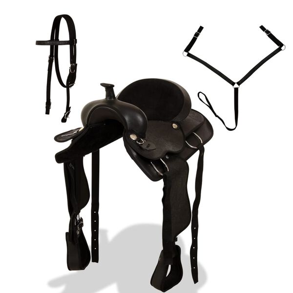 vidaXL Șa Western, căpăstru & pieptar, piele naturală, 16", negru