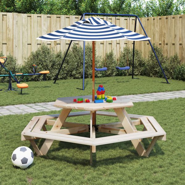 vidaXL Masă picnic pentru 6 copii cu umbrelă, hexagon, lemn masiv brad