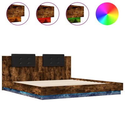 vidaXL Cadru de pat cu tăblie și lumini LED, stejar fumuriu, 180x200cm