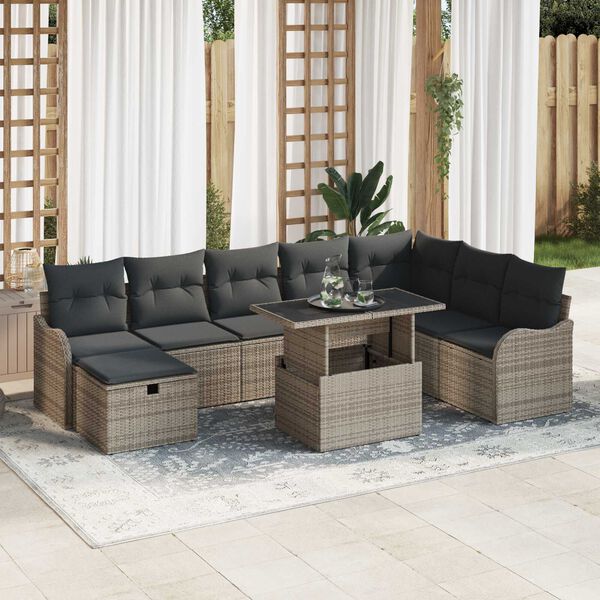 vidaXL Set de canapele pentru grădină cu pernă 9 pcs Gri Rattan poli