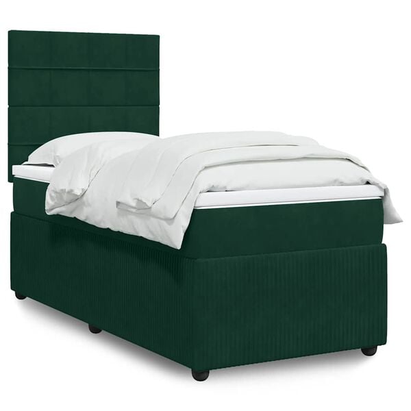 vidaXL Pat box spring cu saltea, verde &icirc;nchis, 100x200 cm, catifea