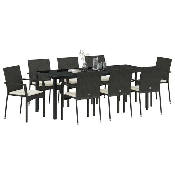 vidaXL Set de masă pentru grădină cu pernă 9 pcs Negru poliratan