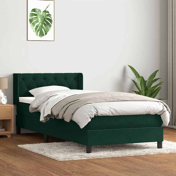 vidaXL Pat box spring cu saltea, verde &icirc;nchis, 80x220 cm, catifea