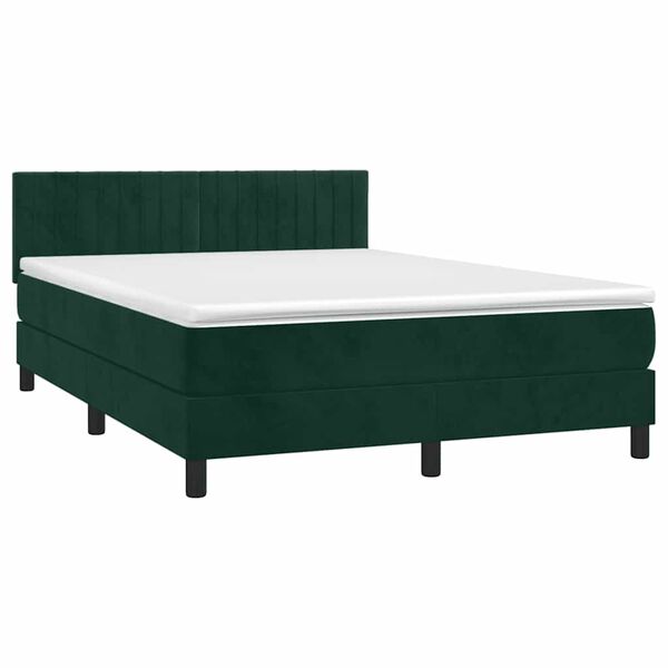 vidaXL Pat box spring cu saltea, verde &icirc;nchis, 140x190 cm, catifea