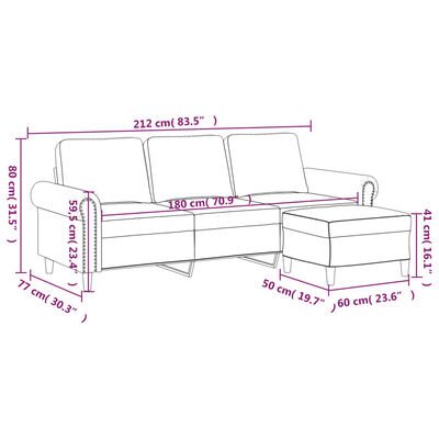 vidaXL Canapea cu 3 locuri și taburet, gri deschis, 180 cm, catifea