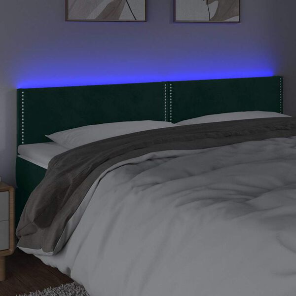 vidaXL Tăblie de pat cu LED, verde &icirc;nchis, 160x5x78/88 cm, catifea