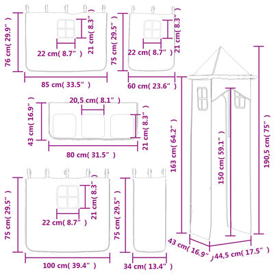 vidaXL Pat etajat de copii cu turn alb/negru 80x200 cm lemn masiv pin