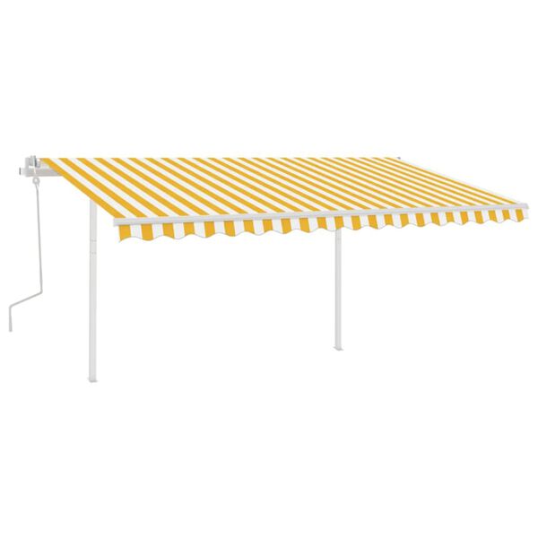 vidaXL Copertină retractabilă manual cu st&acirc;lpi, galben și alb, 4x3,5 m