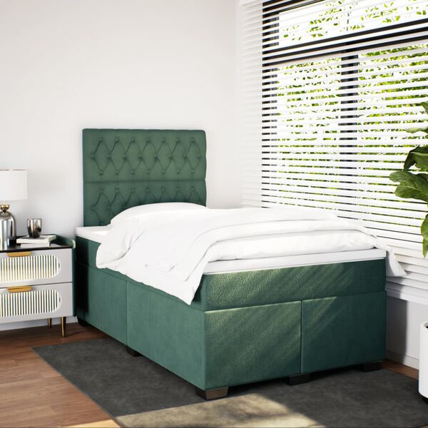 vidaXL Pat box spring cu saltea, verde &icirc;nchis, 120x200 cm, catifea