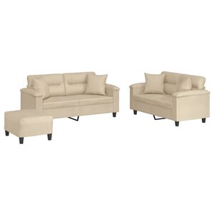 vidaXL Set de canapele cu perne, 3 piese, crem, microfibră