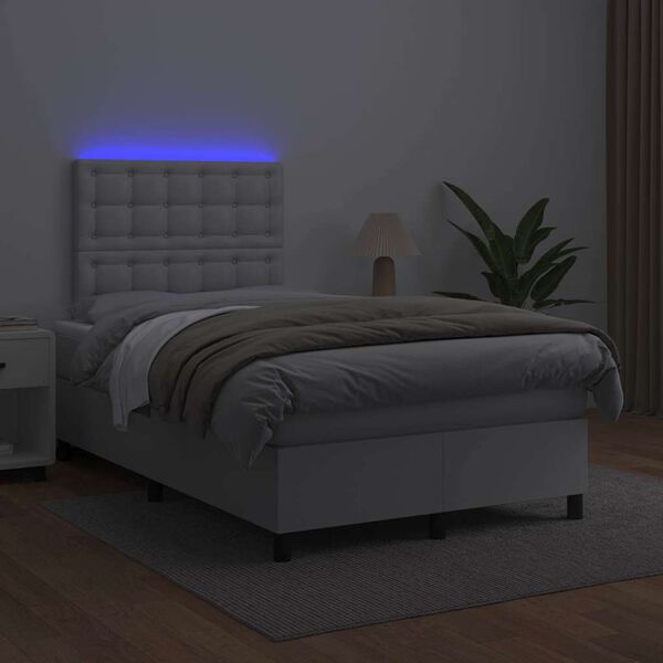 vidaXL Pat box spring cu saltea și LED, alb, 120x190 cm, piele eco