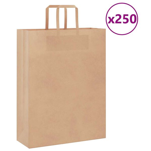 vidaXL Pungi de h&acirc;rtie 250 buc cu m&acirc;nere maro 32x12x42 cm