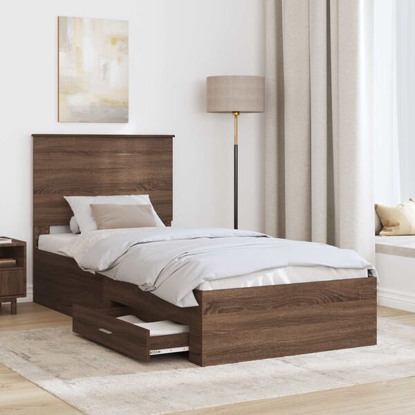 vidaXL Cadru de pat cu headboard Stejar marron și argintiu 75 x 190 cm