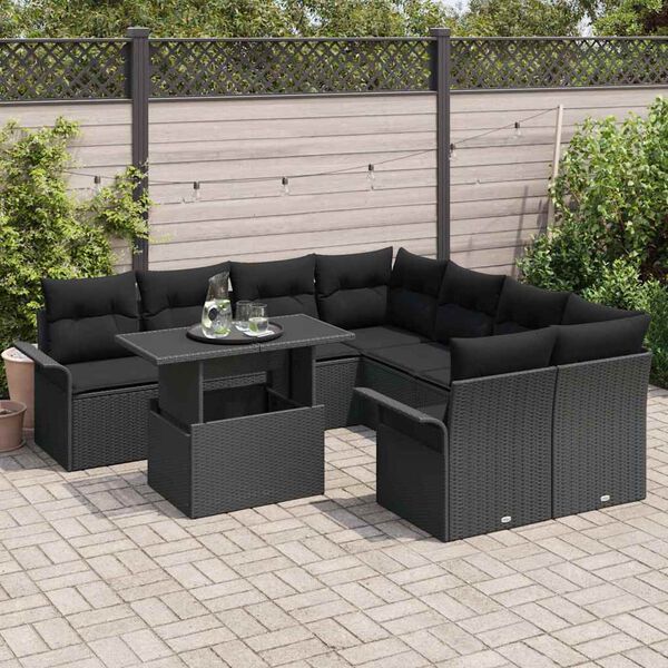 vidaXL Set de canapele pentru grădină cu pernă 9 pcs Negru Rattan poli