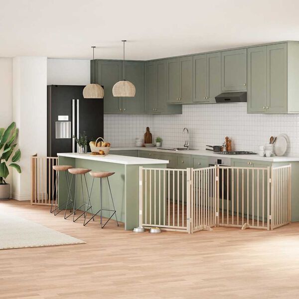 vidaXL Poartă de c&acirc;ini pliabilă cu ușă, 8 panouri, 640 cm, lemn plop