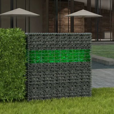 vidaXL Gabion de grădină cu pietre de sticlă & lampă LED 100x30x100 cm