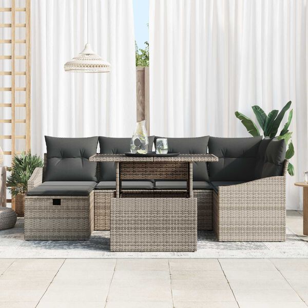 vidaXL Set de canapele pentru grădină cu pernă 7 pcs Gri Rattan poli