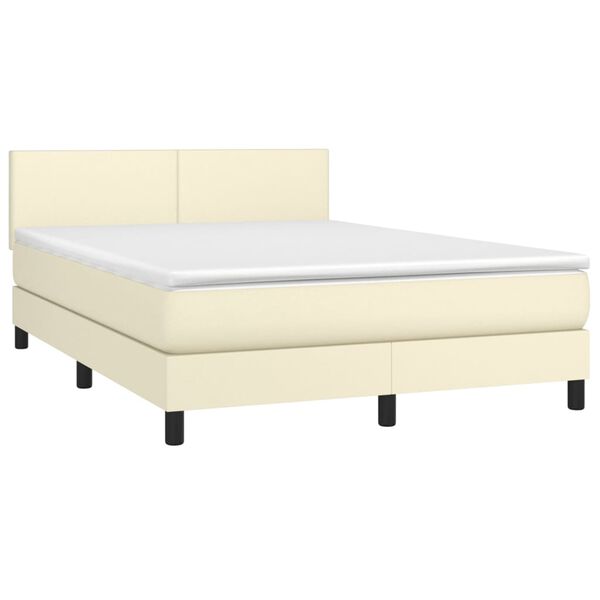 vidaXL Pat box spring cu saltea, crem, 140x190 cm, piele ecologică
